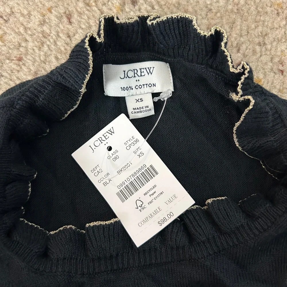 J. Crew Black Cotton Ruffle Neck Sweater Gold Trim CP336 Womens XS NWT